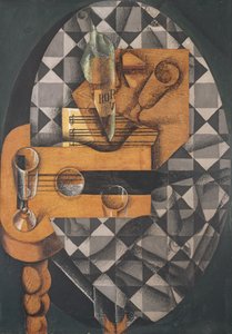 Gitár, palack és üveg, 1914 (ragasztott papírok, gouache és zsírkréta, vászon)